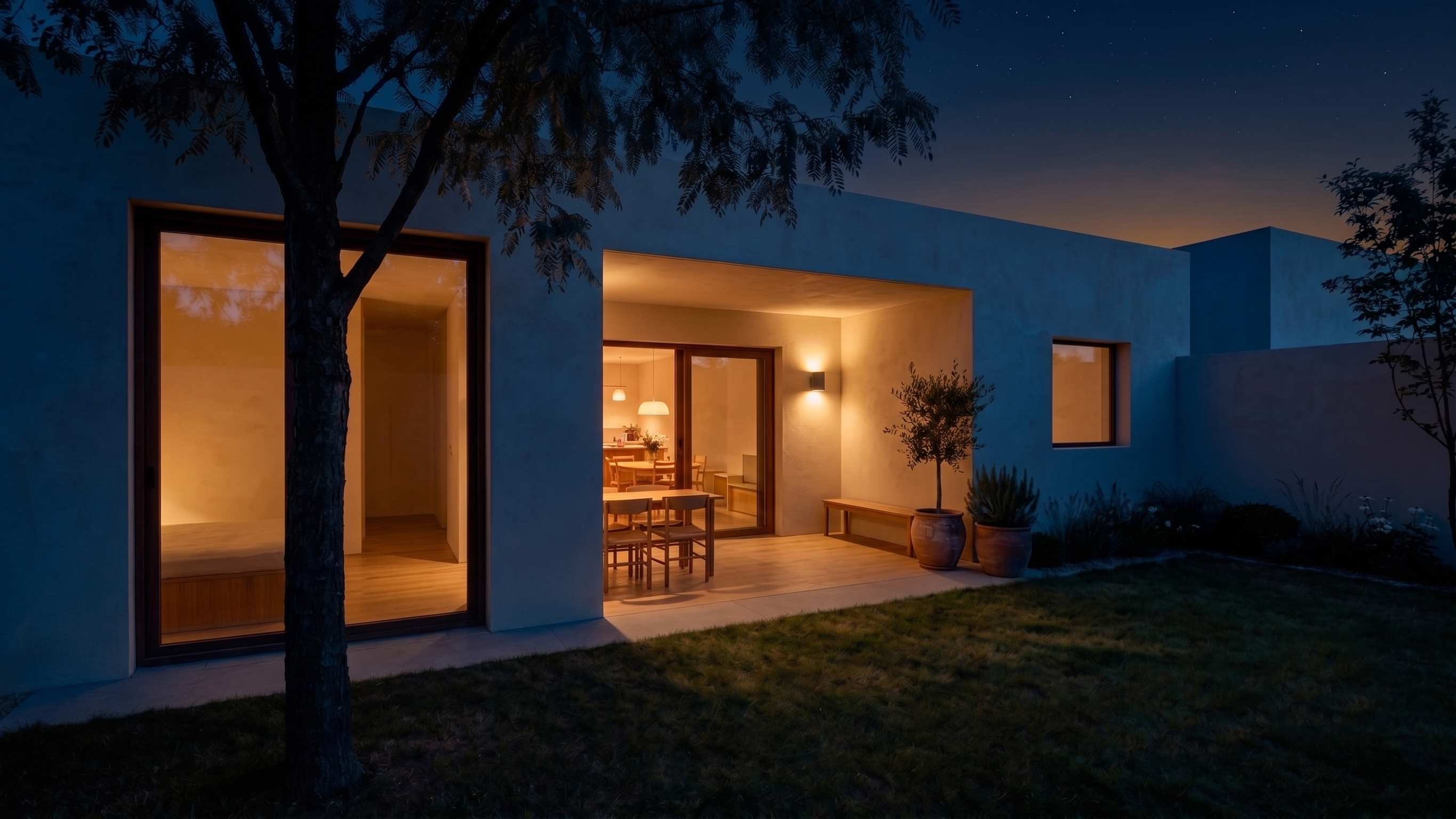 Render exterior nocturno de una vivienda MP Mallén